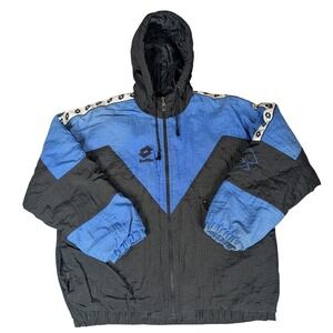Vintage Lotto Italia Windbreaker Jacket Blue Black 90s Hooded Full Zip XL